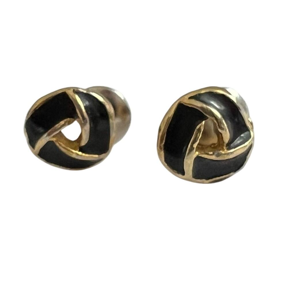 Black Enamel Gold Tone Love Knot Stud Earrings Preppy Chic